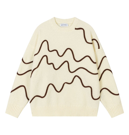 Color Block Line Knit Sweater – Loose Fit featuring wavy line design in cream and brown.