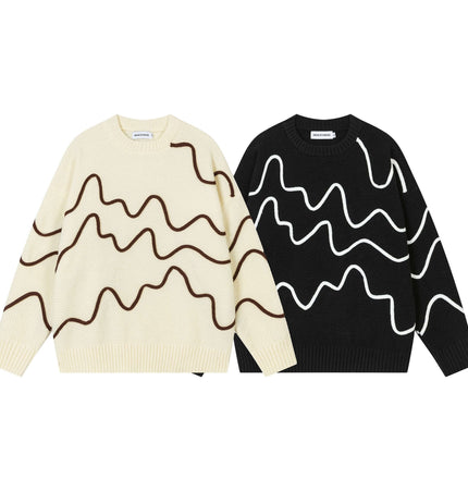 Color Block Line Knit Sweater – Loose Fit in beige and black with wavy embroidery design.
