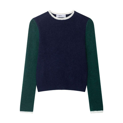 Color Block Patchwork Knit Sweater featuring a round neckline and long sleeves in navy and green.