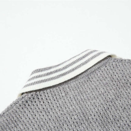 Color-Block Polo Collar Knit Pullover back view showcasing the striped polo collar design.