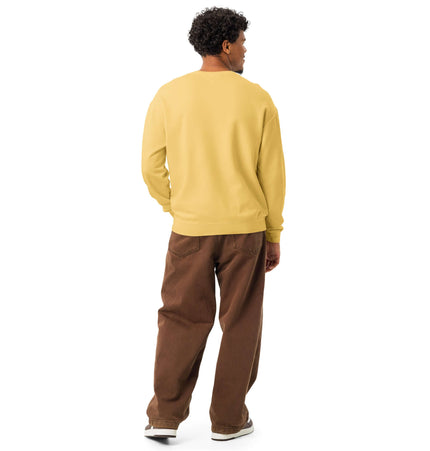 Back view of a man wearing the Comfort Colors 1466 Lightweight Crewneck in yellow with relaxed fit and brown pants.