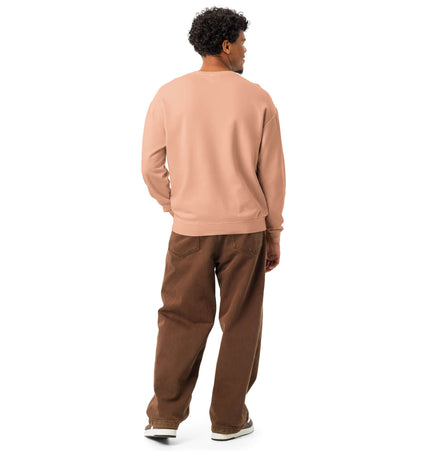 Back view of a man wearing Comfort Colors 1466 Lightweight Crewneck in soft peach color, paired with brown pants.