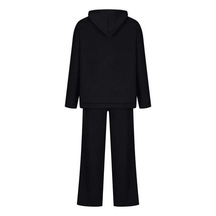 Cotton Blend Two-Piece Sports Set featuring a black hoodie and matching bottoms for autumn and winter casual wear.