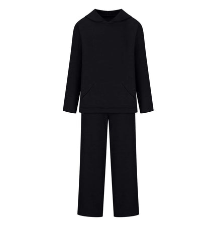 Cotton Blend Two-Piece Sports Set featuring a black hoodie and matching bottoms for casual wear.