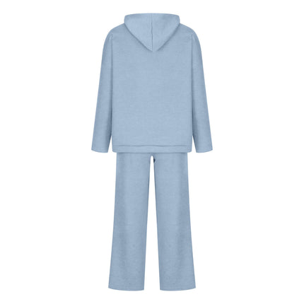 Cotton Blend Two-Piece Sports Set featuring a light blue hoodie and matching bottoms for casual autumn and winter wear.