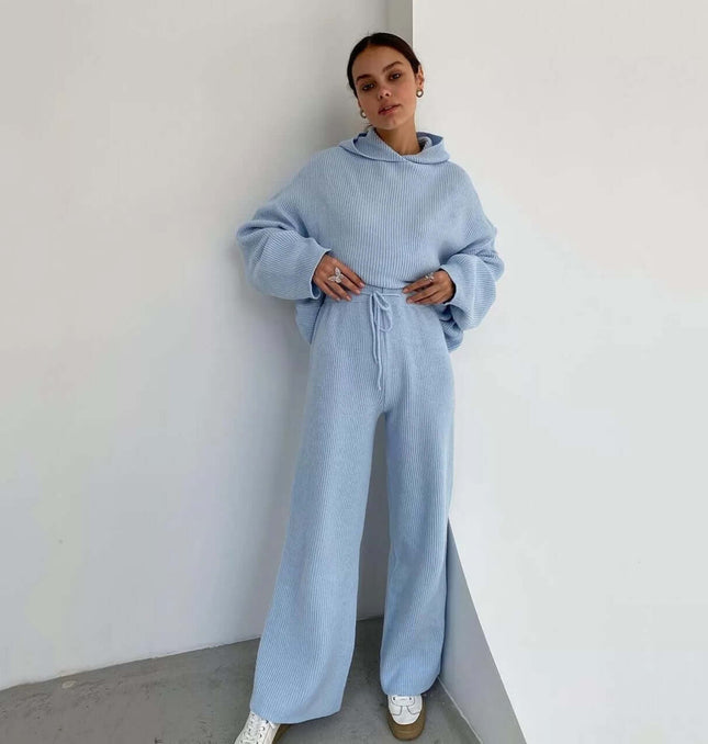 Cotton Blend Two-Piece Sports Set featuring a cozy light blue hoodie and matching pants, perfect for autumn and winter casual wear.