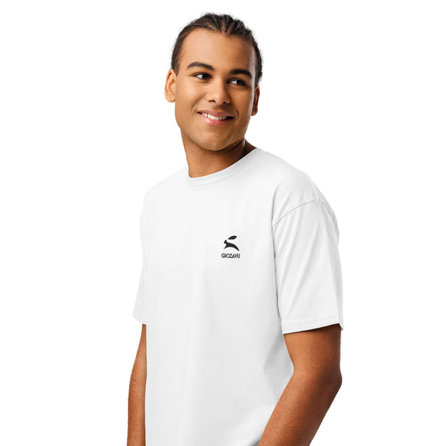 Cotton Heritage MC1082 Premium Tee worn by a young man, showcasing a stylish and comfortable white design.