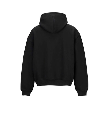 Back view of a Cotton Loose Fit Hoodie Sweatshirt in black, showcasing the classic hood and relaxed silhouette.