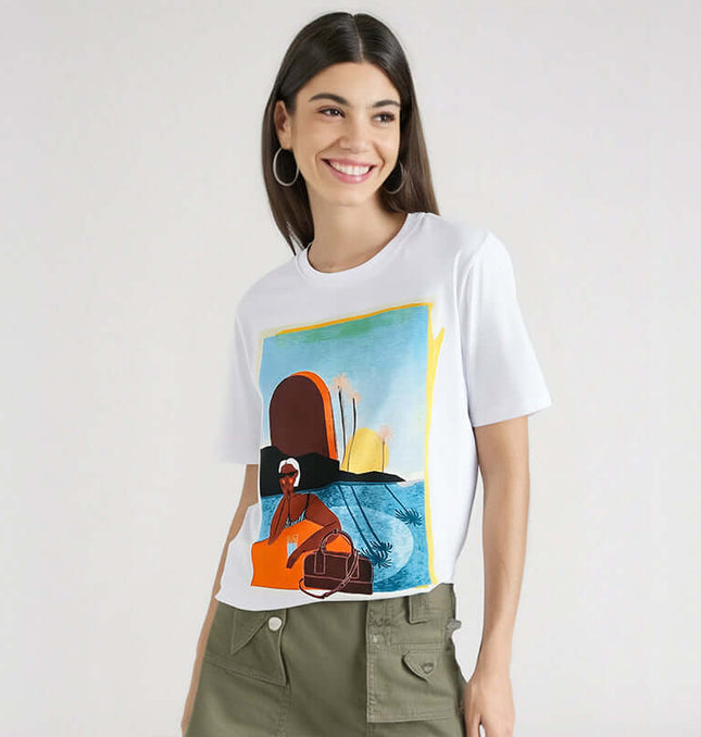 Cotton TShirt with Oil Painting Print featuring a stylish design on a white background.