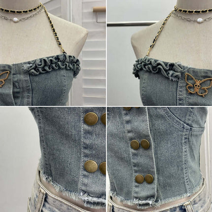 Denim Buckle Strapless Slim Fit Tank Top features ruffled edges and stylish buttons for a chic look.