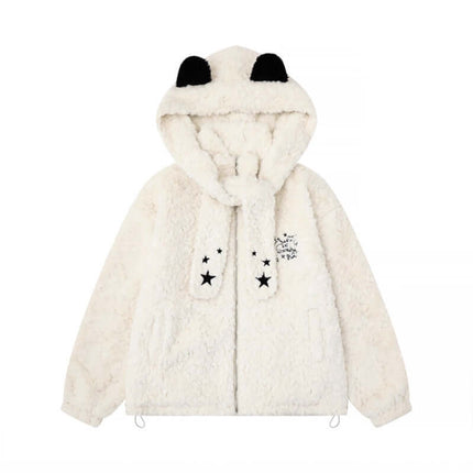 Hooded Lamb Wool Cotton Winter Coat with soft fleece, panda ears, and star details for warmth and style.