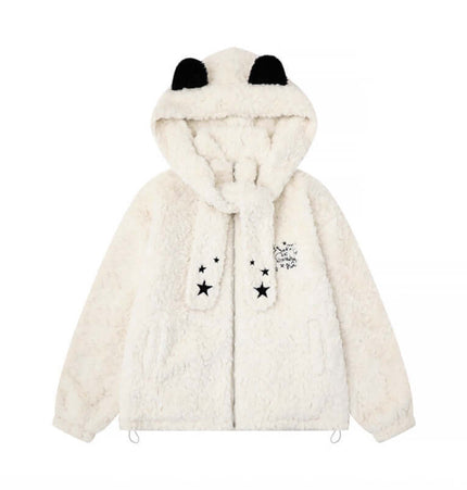 Hooded Lamb Wool Cotton Winter Coat with soft fleece, panda ears, and star details for warmth and style.