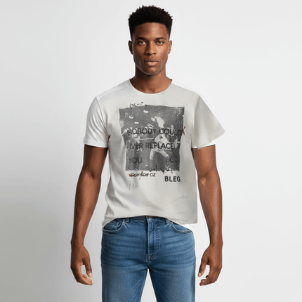 Creative Letter Print TShirt – Clean Fit worn by a model showcasing a stylish relaxed street look.