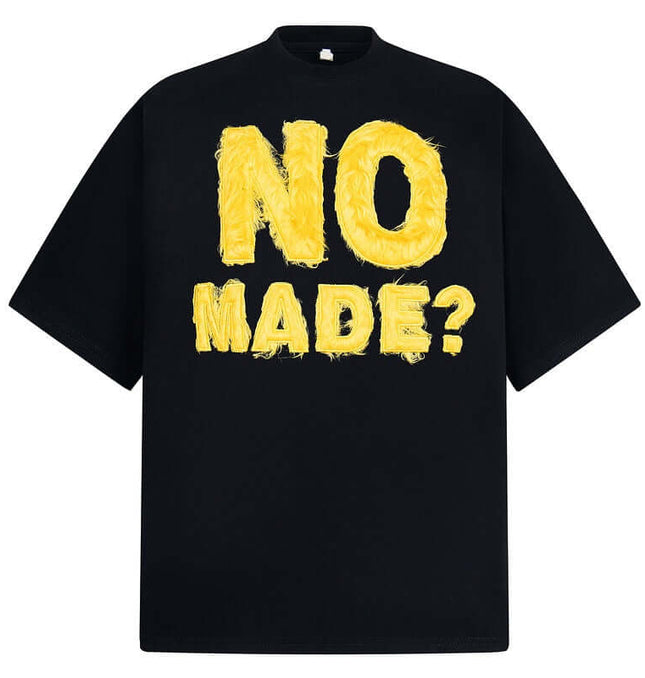 Creative Letter Print TShirt – Loose Fit featuring playful flocked lettering in vibrant yellow on a black background.