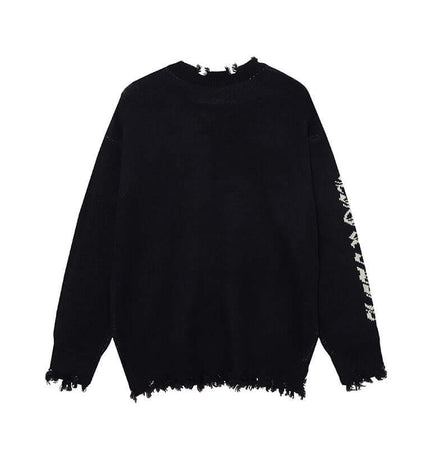 Back view of the Cross Jacquard Knit Sweater – Loose Fit showcasing its unique design and frayed hem.