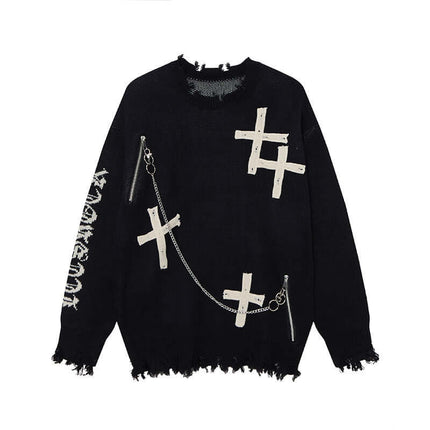 Cross Jacquard Knit Sweater – Loose Fit featuring unique cross designs and distressed edges for bold street style.
