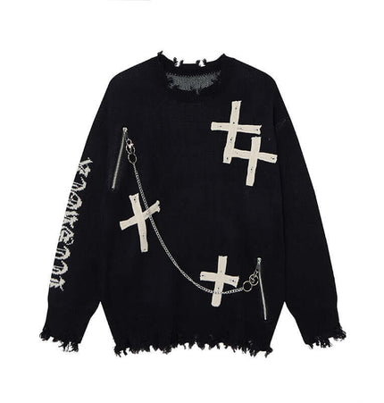 Cross Jacquard Knit Sweater – Loose Fit featuring unique cross designs and distressed edges for bold street style.
