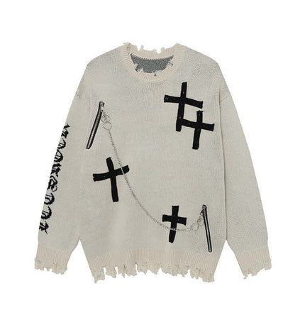 Cross Jacquard Knit Sweater – Loose Fit featuring a bold cross design and frayed edges for a modern street style.
