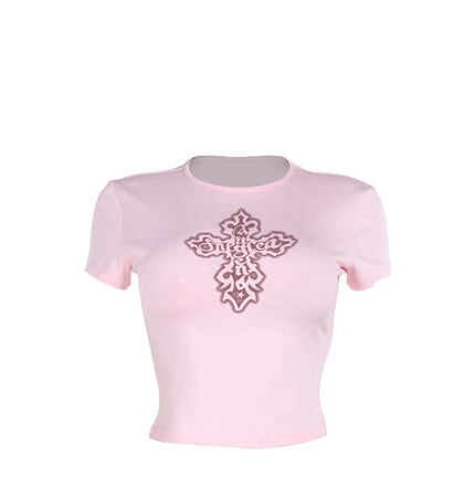 Cross Print Crop TShirt - Slim Fit in pink with cross graphic design, perfect for stylish streetwear.
