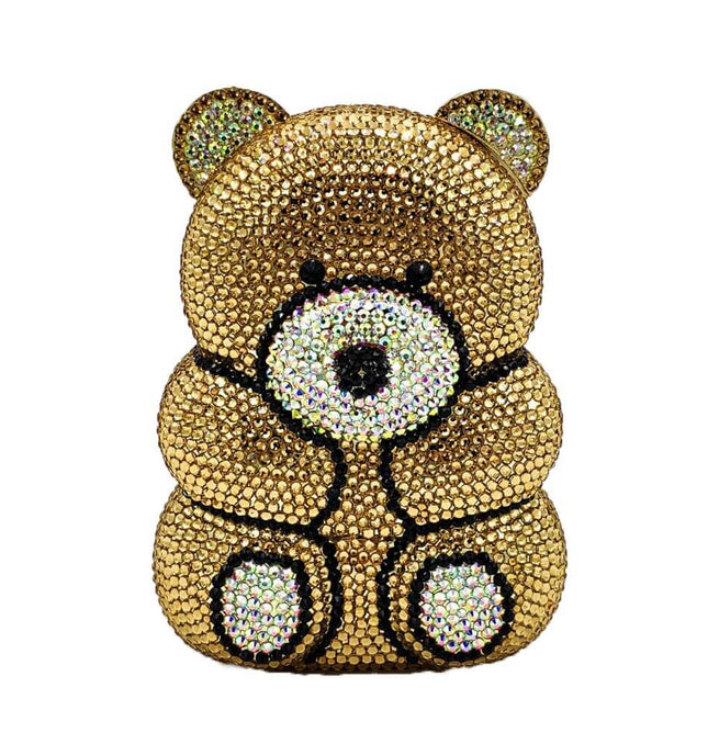 Crystal Bear Evening Party Bag in luxurious gold rhinestone finish, perfect for weddings and special occasions.