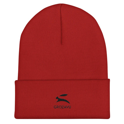 Cuffed Beanie in vibrant red color with logo, a snug accessory for cold weather and stylish outfits.