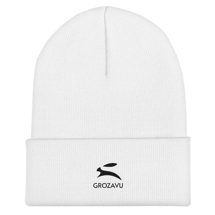 Cuffed Beanie in white featuring a black logo, a stylish and snug accessory for winter wear.