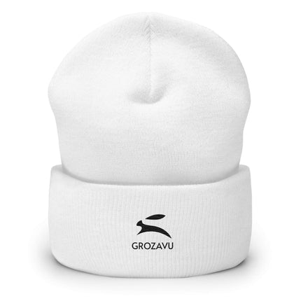 Cuffed Beanie in white with black GROZAVU logo, a stylish and warm accessory for any wardrobe.