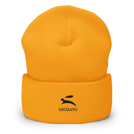 Bright yellow Cuffed Beanie featuring a logo, perfect for style and warmth in any wardrobe.