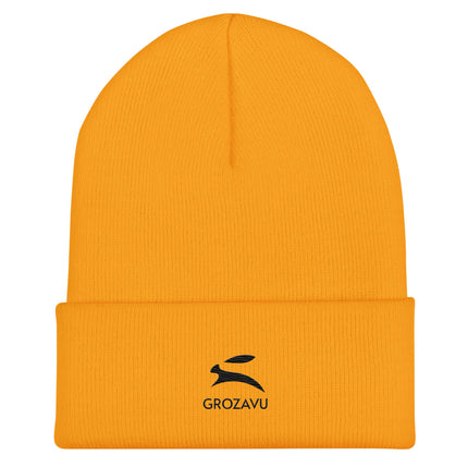 Cuffed Beanie in vibrant orange color featuring the Grozavu logo for stylish warmth and comfort.