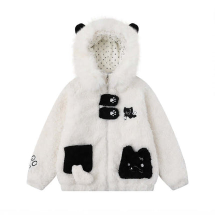 Shearling Collar Cotton Winter Coat with cute cartoon patterns and fluffy hood features.