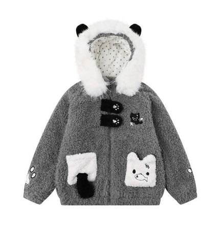 Shearling Collar Cotton Winter Coat features cute cartoon patterns and a cozy shearling design for trendy winter fashion.