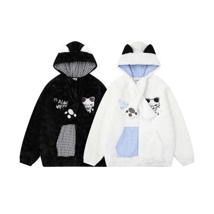 Sherpa Cotton Winter Jacket - Loose Fit featuring black and white designs, cozy hooded style with cute cartoon patterns.