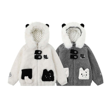 Shearling Collar Cotton Winter Coat featuring cute cartoon patterns and soft shearling hoods in black and white colors.
