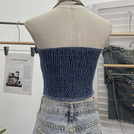 Denim Buckle Strapless Slim Fit Tank Top back view on a mannequin showcasing the textured denim fabric and strapless design.