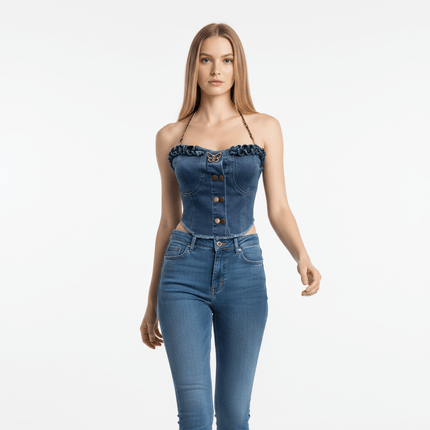 Denim Buckle Strapless Slim Fit Tank Top worn by a model, showcasing its structured design and stylish buckle details.