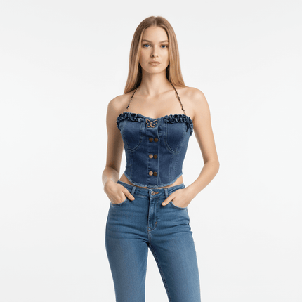 Denim Buckle Strapless Slim Fit Tank Top worn by a model, showcasing stylish buckle detailing and structured denim fabric.