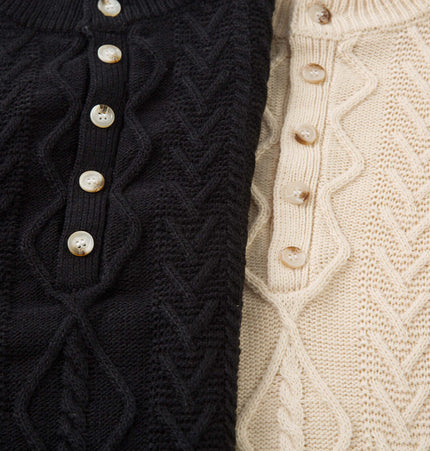 Diamond Pattern Jacquard Knit Sweater in black and cream showcasing button details and textured knit design.