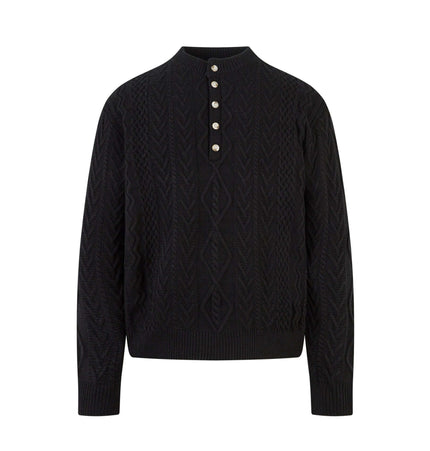 Diamond Pattern Jacquard Knit Sweater featuring a classic half-open collar and stylish button detailing.