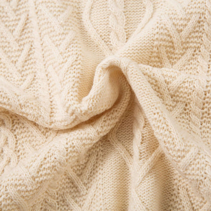 Diamond Pattern Jacquard Knit Sweater in soft cream color with intricate textured knit detailing