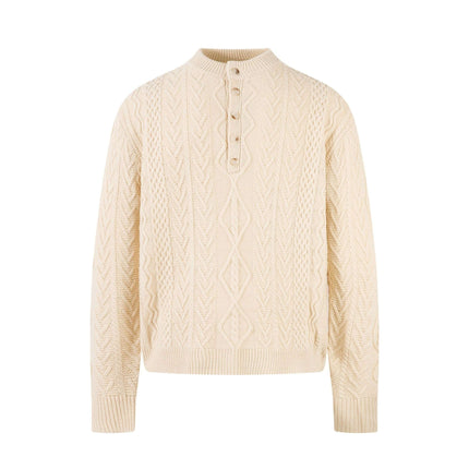 Diamond Pattern Jacquard Knit Sweater in cream color with a half-open collar and button detail.