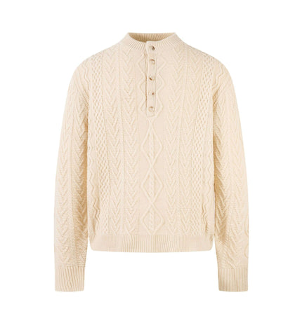 Diamond Pattern Jacquard Knit Sweater in cream color with a half-open collar and button detail.