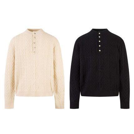 Diamond Pattern Jacquard Knit Sweater in cream and black showcasing stylish half-open collar design.