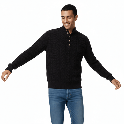 Diamond Pattern Jacquard Knit Sweater worn by a man, featuring classic design and half-open collar, ideal for casual winter style.