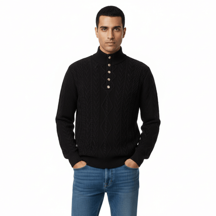 Diamond Pattern Jacquard Knit Sweater worn by a man in a black half-open collar style, showcasing winter fashion.