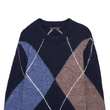 Diamond Pattern Knit Sweater featuring a classic diamond design in navy and brown hues.