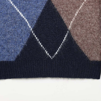 Diamond Pattern Knit Sweater in blue, brown, and black featuring classic diamond design and textured knitwear.
