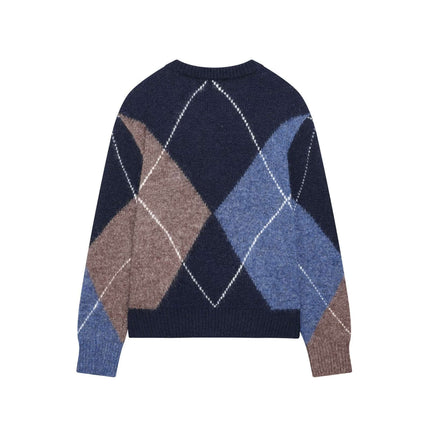 Diamond Pattern Knit Sweater featuring a stylish blue and brown diamond design and regular fit silhouette.