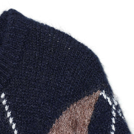 Close-up of the collar and diamond pattern of the Diamond Pattern Knit Sweater, showcasing its textured knit design.
