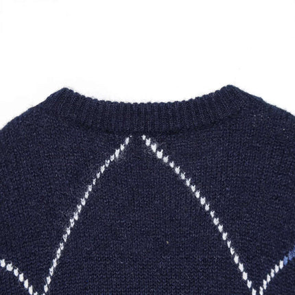 Back view of Diamond Pattern Knit Sweater showcasing diamond pattern and round neck design.