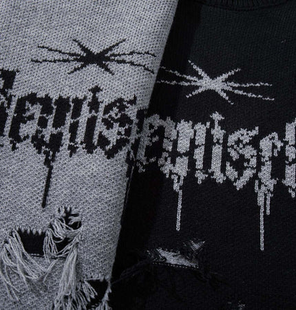 Tassel Distressed Knit Sweater – Loose Fit featuring a bold graphic design and distressed details.